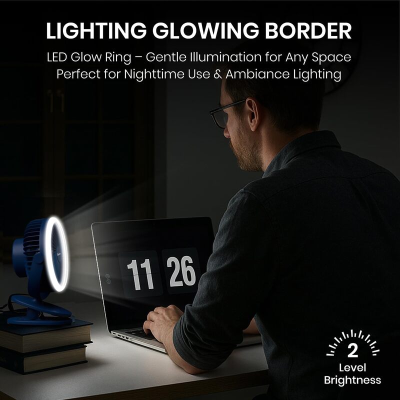 Portronics ClipCool Clip-On Fan – Features an LED ring for stylish illumination, compact design for easy attachment, and powerful airflow. Perfect for personal cooling at home or office.