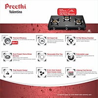 Preethi Valentino Glass top 3 Burner Gas Stove, Manual Ignition, Black ISI Approved