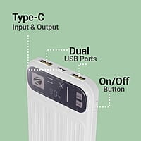 ZEBRONICS MB10000S13 Power Bank, 10000 mAh, Rapid Charge, 22.5W Output, Dual USB Output, PD 3.0 Type C, Built in Protections, Percentage Indicator, Made in India