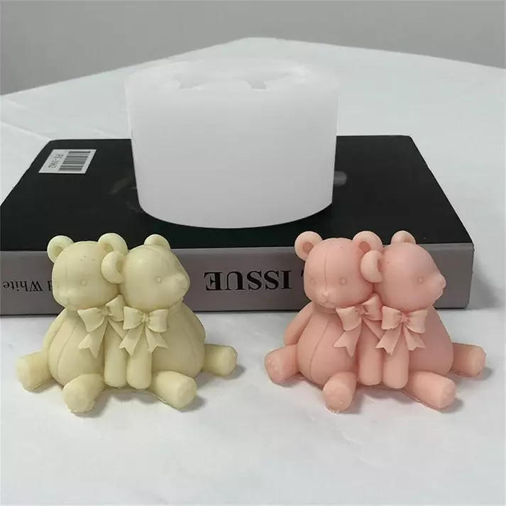 Silicon Mold Candle Valentine Couple Teddy Bear With Ribbon