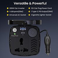 Portronics 200W Car Power Inverter – 30W Type-C PD, AC Socket & USB | Black