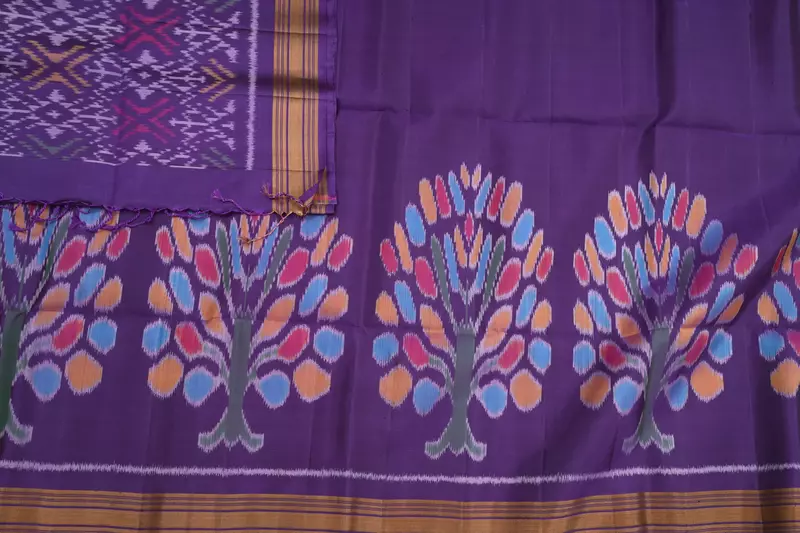 Pastel Purple Ikat Silk Saree with Tree Motifs & Contrast Border with ikat blouse | Handloom Saree