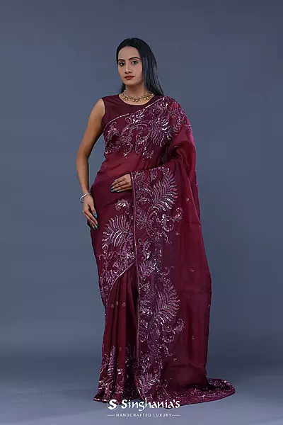 Burgundy Organza Saree With Open Designer Border