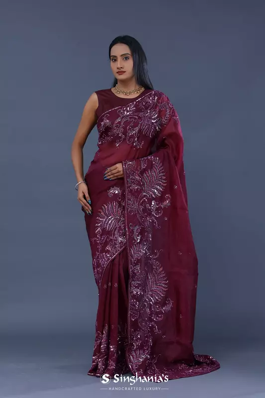 Burgundy Organza Saree With Open Designer Border