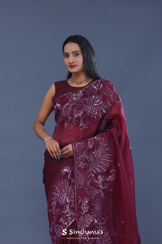 Burgundy Organza Saree With Open Designer Border