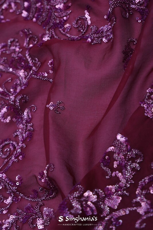 Burgundy Organza Saree With Open Designer Border