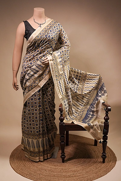 Maheswari silk saree - Indigo Ajrakh Geometric handblock prints on Ivory saree with floral print blouse