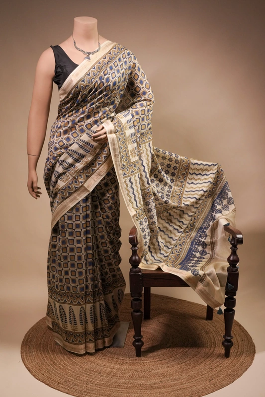 Maheswari silk saree - Indigo Ajrakh Geometric handblock prints on Ivory saree with floral print blouse
