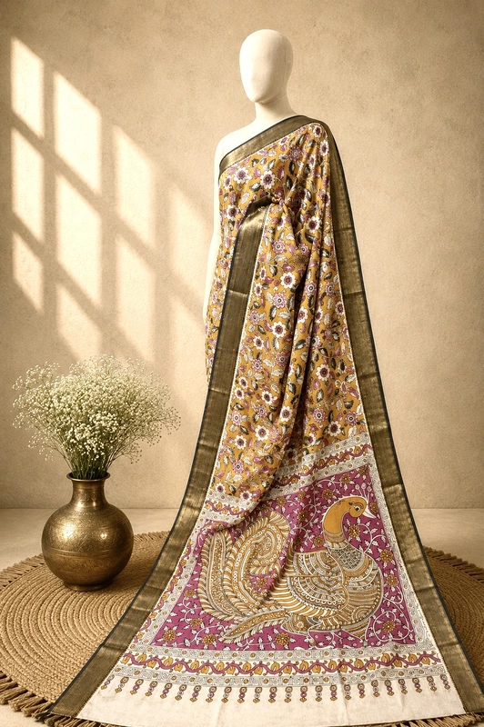 Kalamkari Block Print Silk Cotton Nizam Border Saree #11
