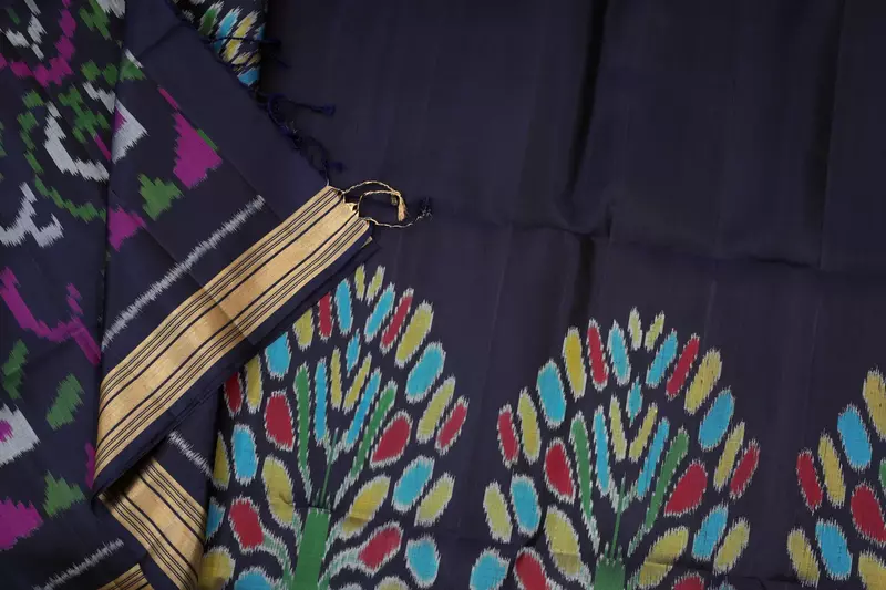Navy Blue Ikat Silk Saree with Multicolor floral Tree Motifs & Zari Border & ikat blouse
