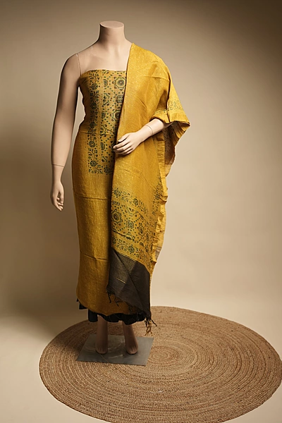 Linen 2pc suit set - Mustard Yellow Ajrakh Print