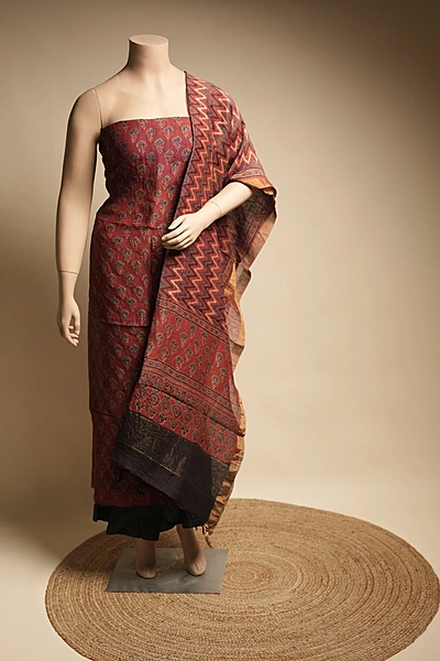 Linen 2pc suit set - Maroon with floral Ajrakh Print
