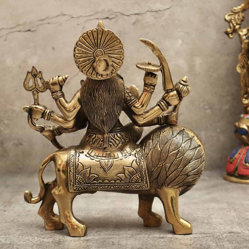 Brass Goddess Durga Maa on Lion for Home Temple - 9.5 inch Height | Graceful Brass Idol of Goddess Durga Maa on Lion for Sacred Devotion