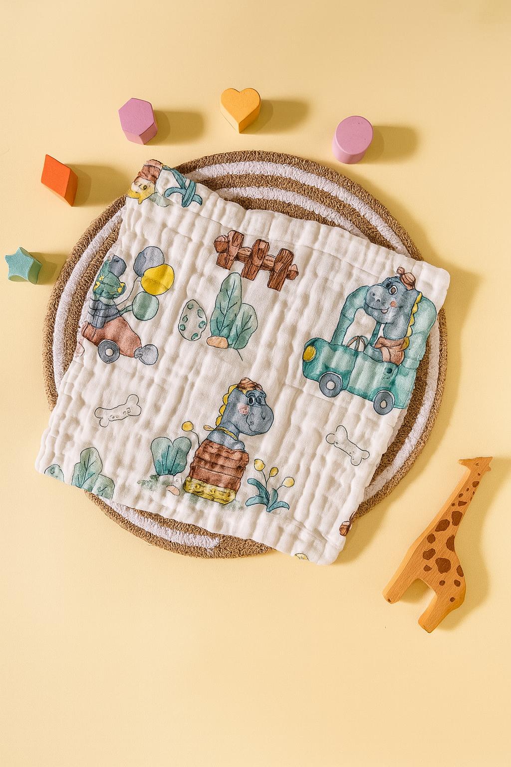 6 Layer Muslin Wash cloth / Face towel - White Printed - Pack of 5 (Assorted)