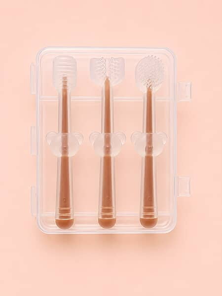 3pc Silicone Baby Toothbrush Set with Travel Case for 0-18 Months