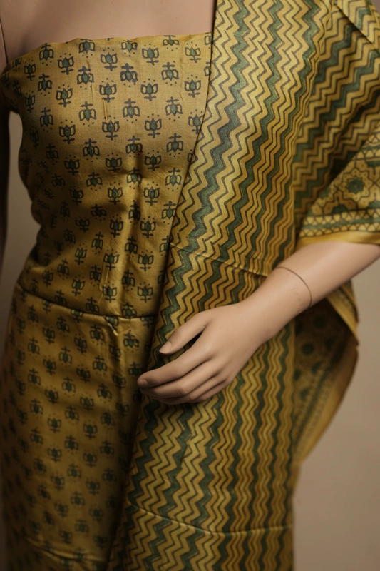 Tussar Silk 2pc suit set – Mustard Yellow Ajrakh Block Print with Botanical Motifs