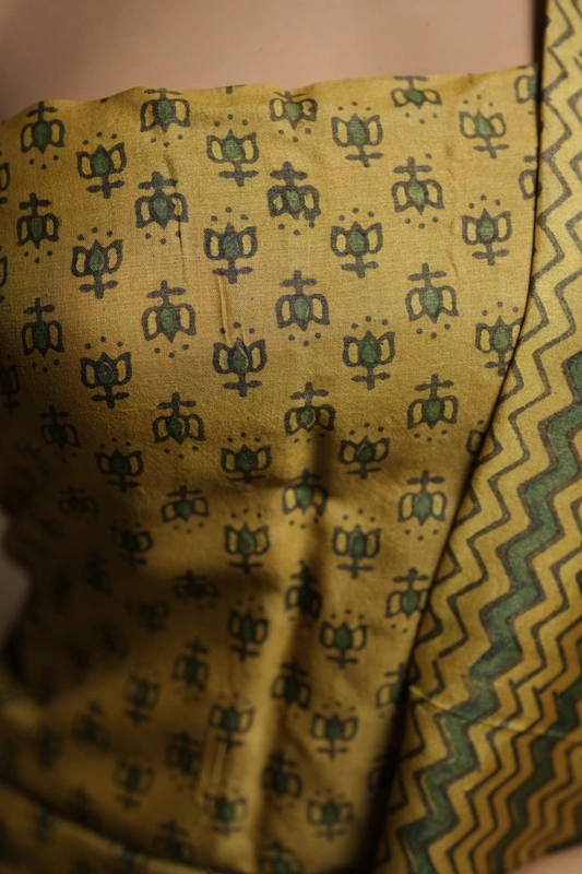Tussar Silk 2pc suit set – Mustard Yellow Ajrakh Block Print with Botanical Motifs