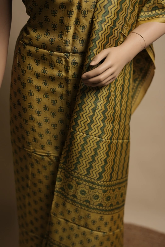 Tussar Silk 2pc suit set – Mustard Yellow Ajrakh Block Print with Botanical Motifs
