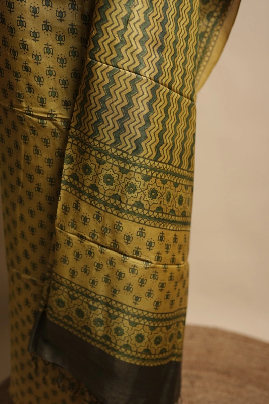 Tussar Silk 2pc suit set – Mustard Yellow Ajrakh Block Print with Botanical Motifs