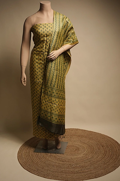 Tussar Silk 2pc suit set – Mustard Yellow Ajrakh Block Print with Botanical Motifs