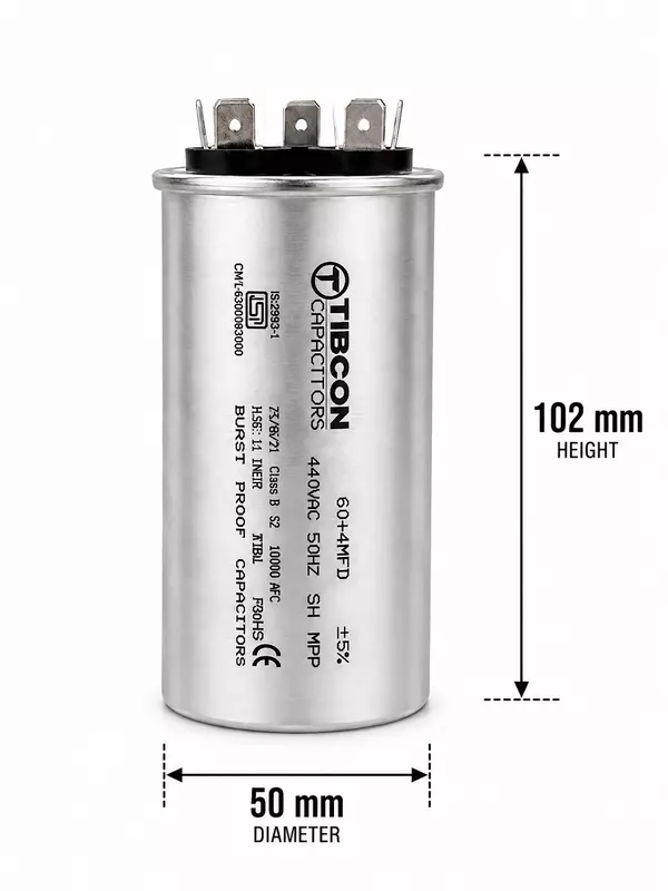 Tibcon 60+4 MFD Dual Air Conditioner Capacitor | 440V | Aluminium | Burst Proof
