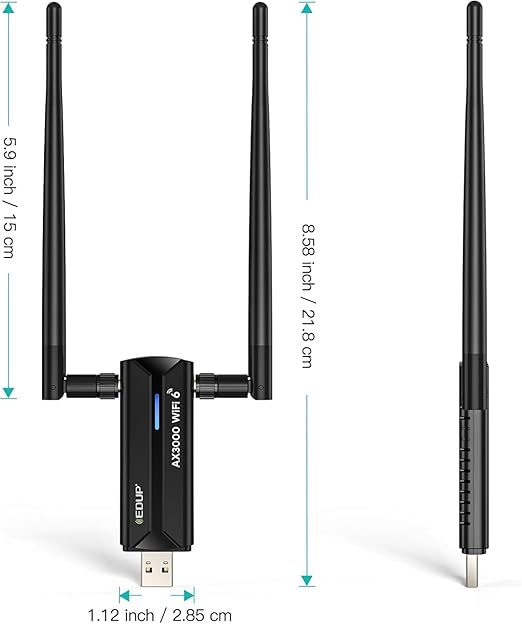AX3000M USB 3.0 WiFi 6 Adapter Wireless WiFi Dongle Network Adapter 802.11AX Tri-Band 6GHz/5GHz/2.4GHz Dual 5dBi Antennas for PC Desktop Laptop Compatible with Windows 11/10 64Bits