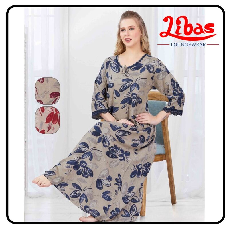 Sandal & Blue Alpine Plus Long Sleeve Nighty With Floral Print All Over From Libas Loungewear-LSN204