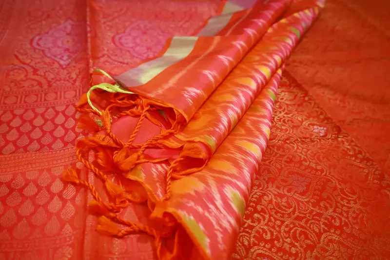 Coral Orange Ikat Silk Saree with Contrast Pallu | Handloom Saree