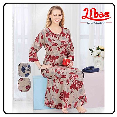 Cherry Red Alpine Plus Long Sleeve Nighty With Floral Print All Over From Libas Loungewear-LSN205