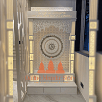 "Shubh Bhavya Corian Mandir with Illuminated Spiritual Motifs"