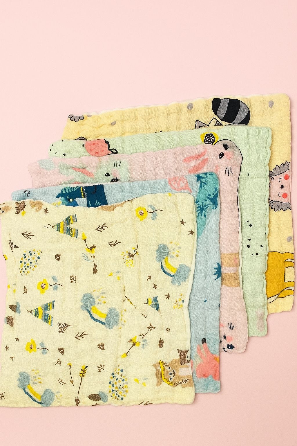 6 Layer Muslin Wash cloth / Face towel - Colour Printed - Pack of 5 (Assorted)