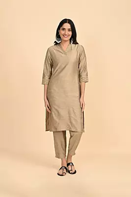 Women V-Neck Long Kurta - Golden