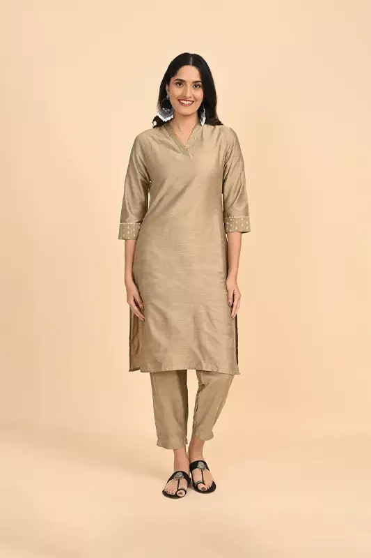 Women V-Neck Long Kurta - Golden