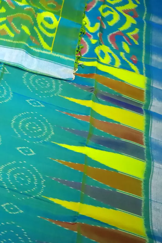 Teal Blue Ikat Silk Saree with Geometric Motifs & Contrast Pallu