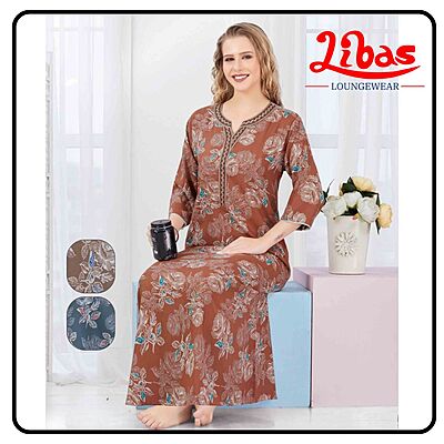 Dusty Brown Alpine Plus Long Sleeve Nighty With Floral Print All Over From Libas Loungewear-LSN207