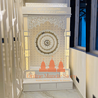 "Shubh Bhavya Corian Mandir with Illuminated Spiritual Motifs"