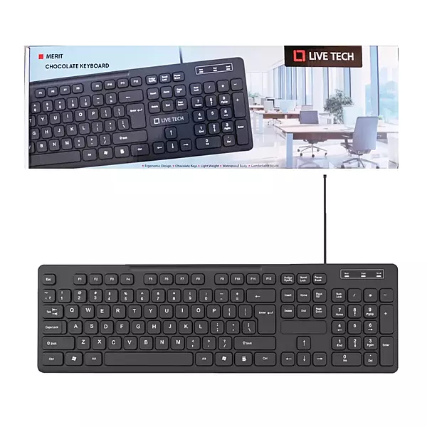 Live Tech MERIT Chocolate Keyboard – Sleek & Silent, designed for comfort and efficiency. Enjoy a smooth typing experience with low-profile keys and a modern aesthetic for any workspace.