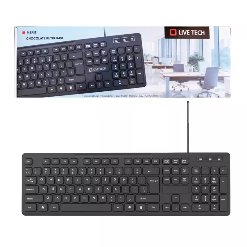 Live Tech MERIT Chocolate Keyboard – Sleek & Silent, designed for comfort and efficiency. Enjoy a smooth typing experience with low-profile keys and a modern aesthetic for any workspace.