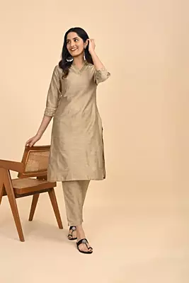 Women V-Neck Long Kurta - Golden