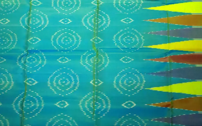 Teal Blue Ikat Silk Saree with Geometric Motifs & Contrast Pallu