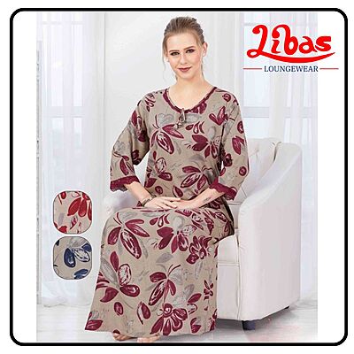 Pure Wine Alpine Plus Long Sleeve Nighty With Floral Print All Over From Libas Loungewear-LSN206