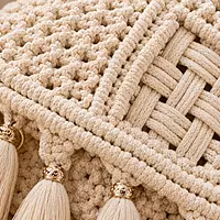 Natural Ivory Macrame Clutch with Gold Tassels & Diamond Weave Panel