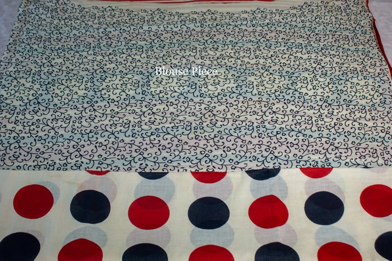 Cotton Handblock - Beige with Black and Red Circle Prints