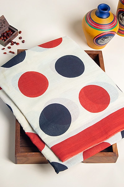 Cotton Handblock - Beige with Black and Red Circle Prints