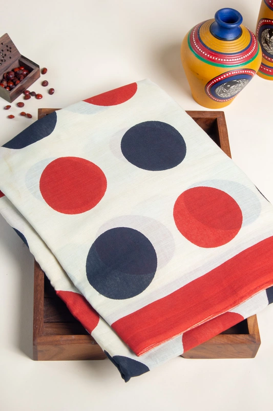 Cotton Handblock - Beige with Black and Red Circle Prints