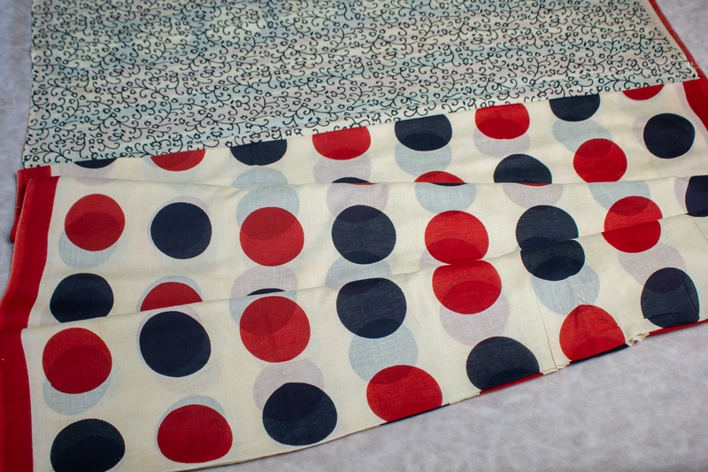 Cotton Handblock - Beige with Black and Red Circle Prints