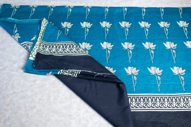 Cotton Handblock - Black and Teal Blue border with Floral Prints