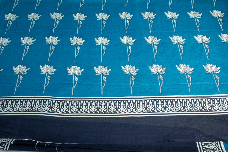 Cotton Handblock - Black and Teal Blue border with Floral Prints