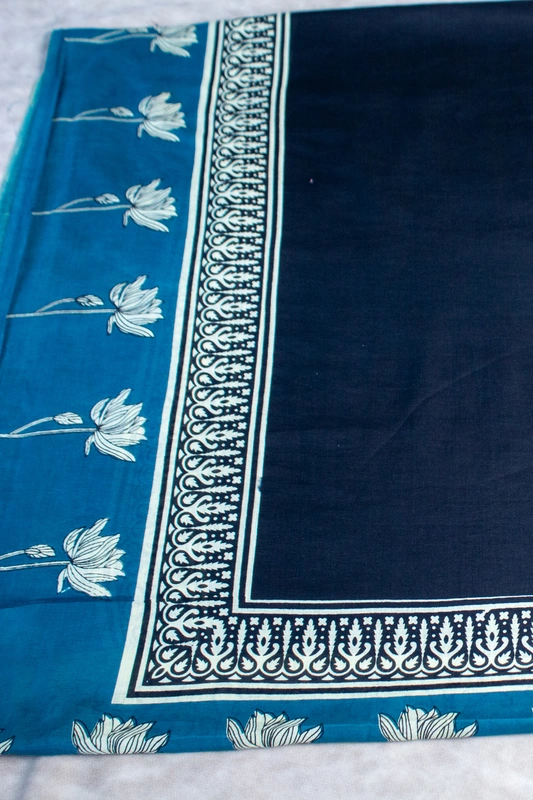 Cotton Handblock - Black and Teal Blue border with Floral Prints