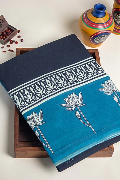 Cotton Handblock - Black and Teal Blue border with Floral Prints